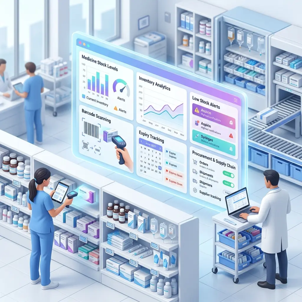 An isometric illustration of medical inventory management with a digital dashboard and staff